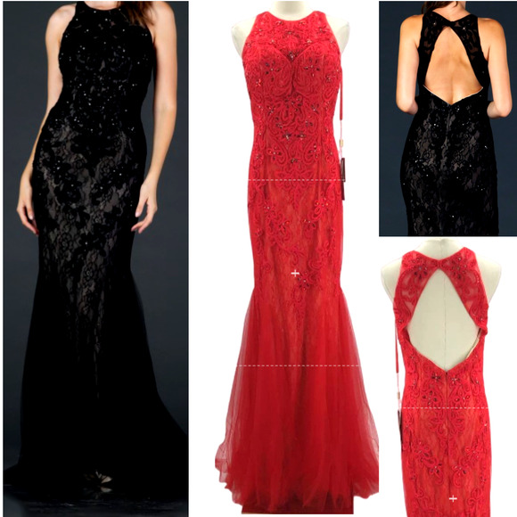 ASPEED SZ L red illusion sweetheart embroidered beaded lace gown dress NWT B163 - Picture 1 of 10